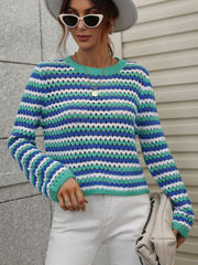 Striped Openwork Long-Sleeve Knit Pullover - Flyclothing LLC