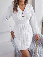 Buttoned Cable-Knit V-Neck Sweater Dress - Flyclothing LLC