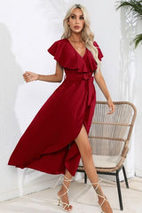 Ruffled Tied V-Neck Midi Dress - Flyclothing LLC