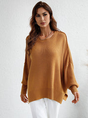 Exposed Seam Dropped Shoulder Slit Sweater - Trendsi