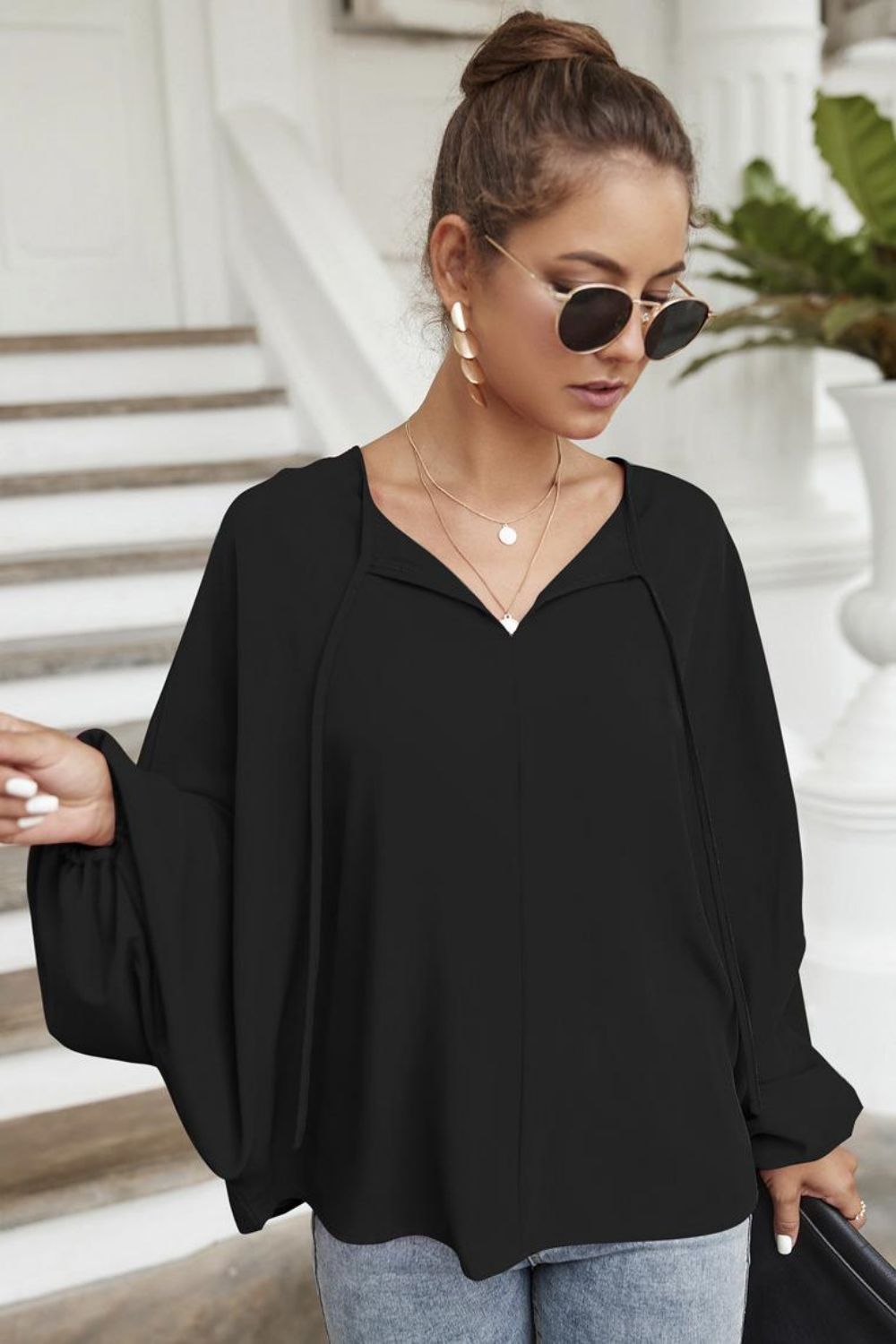 Tie Neck Balloon Sleeve Blouse - Flyclothing LLC