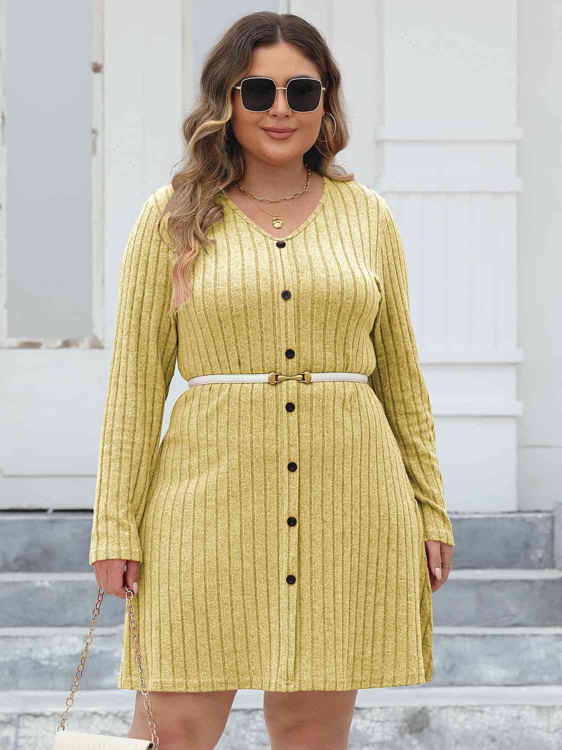 Plus Size Ribbed Buttoned V-Neck Long Sleeve Dress - Flyclothing LLC