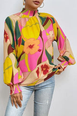 Floral Smocked Lantern Sleeve Mock Neck Blouse - Flyclothing LLC