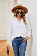 Buttoned Notched Neck Long Sleeve Top - Flyclothing LLC