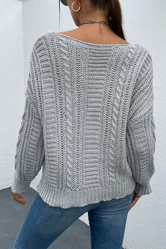 V-Neck Cable-Knit Long Sleeve Sweater - Flyclothing LLC