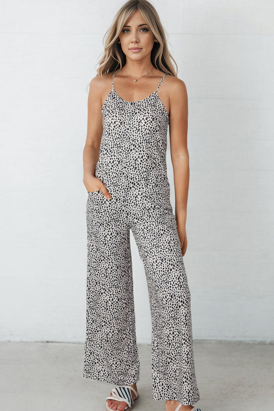 Printed Spaghetti Strap Jumpsuit with Pockets - Flyclothing LLC