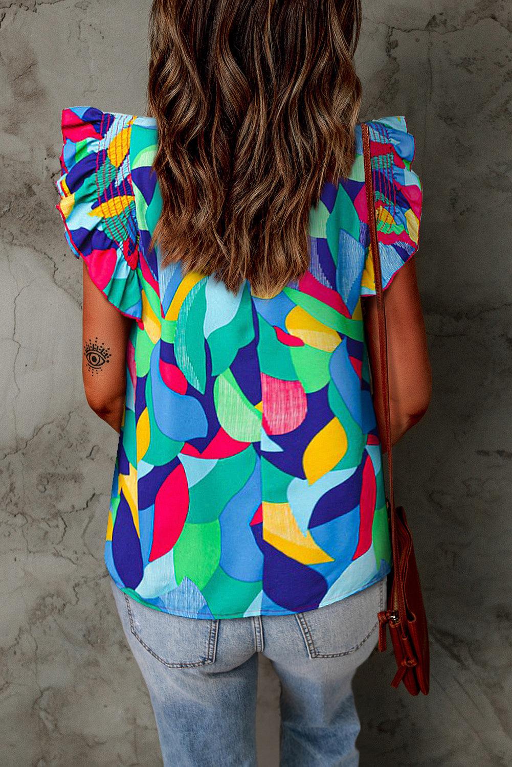 Printed Round Neck Butterfly Sleeve Top - Flyclothing LLC