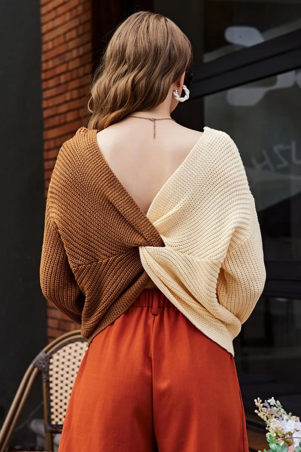 V neck twisted hot sale back sweater