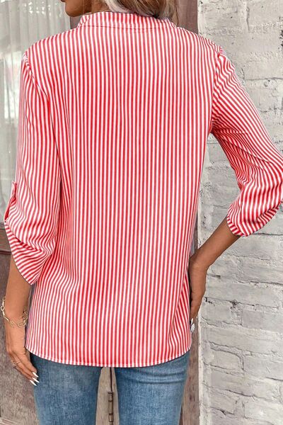 Striped Notched Roll-Tab Sleeve Shirt - Flyclothing LLC