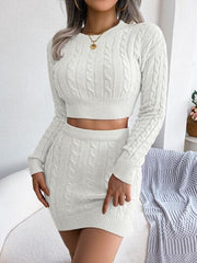 Cable-Knit Round Neck Top and Skirt Sweater Set - Flyclothing LLC