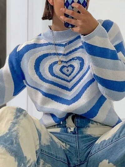 Heart Mock Neck Long Sleeve Sweater - Flyclothing LLC