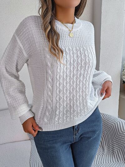 Cable-Knit Round Neck Long Sleeve Sweater - Flyclothing LLC