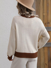 Contrast Trim Drop Shoulder Pullover Sweater - Flyclothing LLC