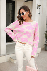 Round Neck Flower Pattern Dropped Shoulder Pullover Sweater - Flyclothing LLC