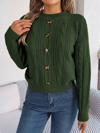 Cable-Knit Buttoned Round Neck Sweater - Flyclothing LLC