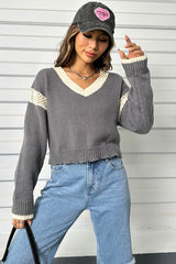 Contrast Openwork Long Sleeve V-Neck Sweater - Flyclothing LLC