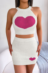 Heart Contrast Ribbed Sleeveless Knit Top and Skirt Set - Flyclothing LLC