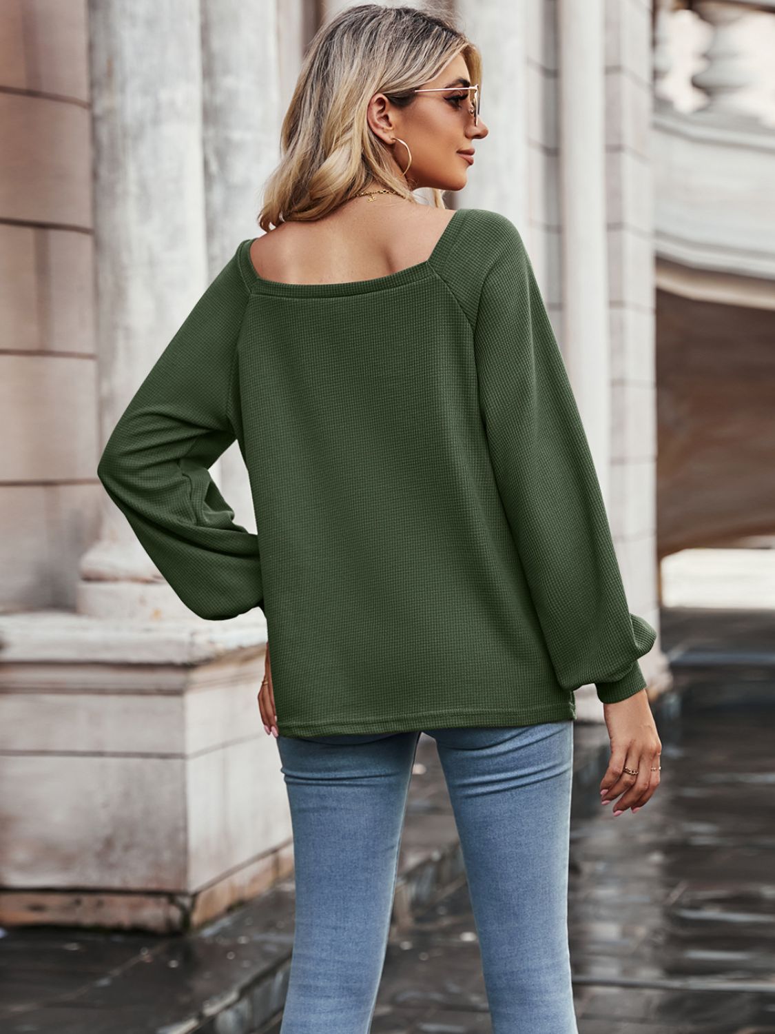 Waffle-knit Square Neck Raglan Sleeve Tee – Flyclothing LLC