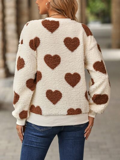 Fuzzy Heart Dropped Shoulder Sweatshirt - Flyclothing LLC