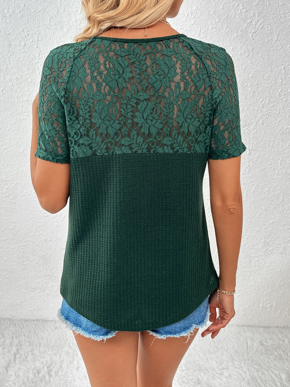 Lace Detail V-Neck Short Sleeve T-Shirt - Flyclothing LLC