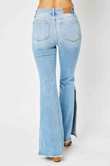 Judy Blue Full Size Mid Rise Raw Hem Slit Flare Jeans - Flyclothing LLC