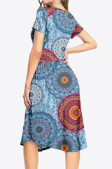 Printed Round Neck Short Sleeve Dress with Pockets - Flyclothing LLC