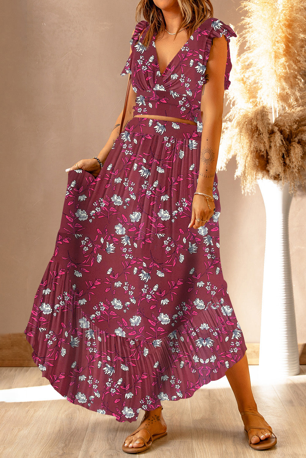 Printed Tie Back Cropped Top and Maxi Skirt Set - Flyclothing LLC