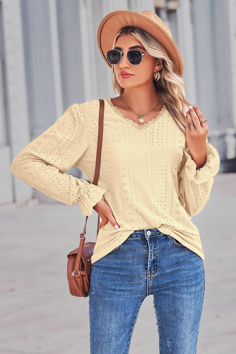 Lace Trim V-Neck Flounce Sleeve Top - Trendsi