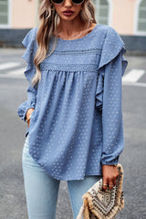 Ruffle Trim Balloon Sleeve Blouse - Flyclothing LLC