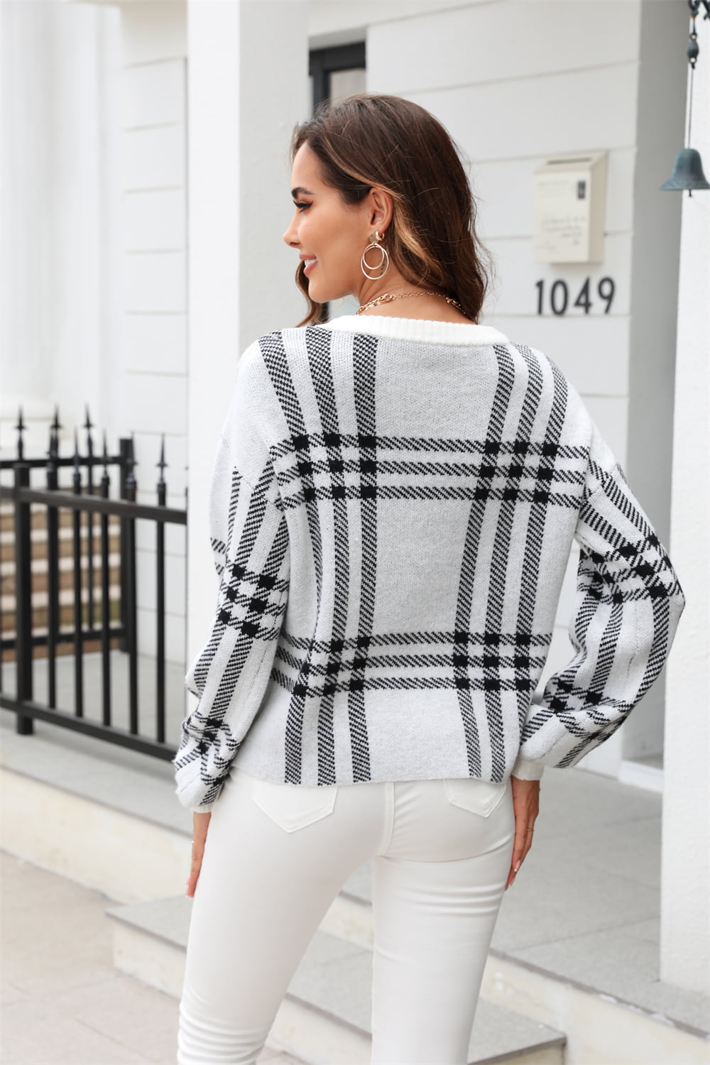 Printed Round Neck Dropped Shoulder Sweater - Flyclothing LLC