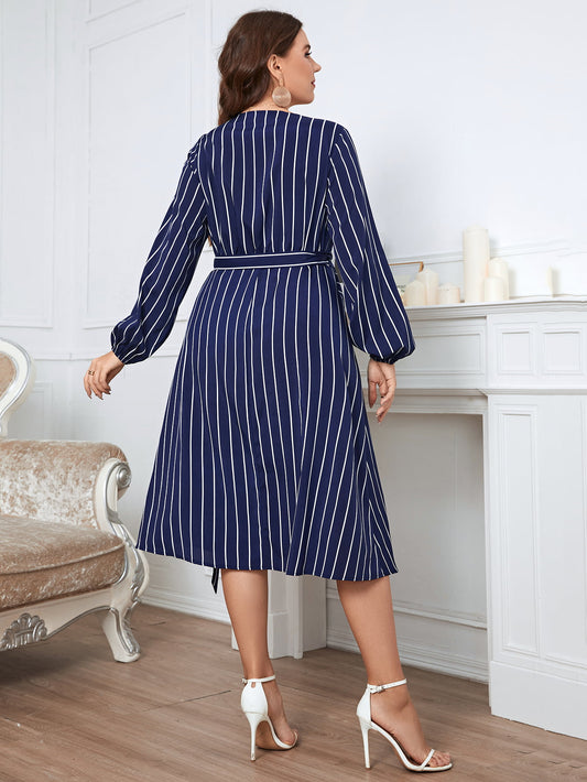 Plus Size Striped Surplice Neck Long Sleeve Dress - Flyclothing LLC