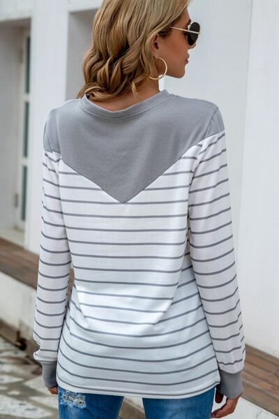 Striped Round Neck Long Sleeve T-Shirt - Flyclothing LLC