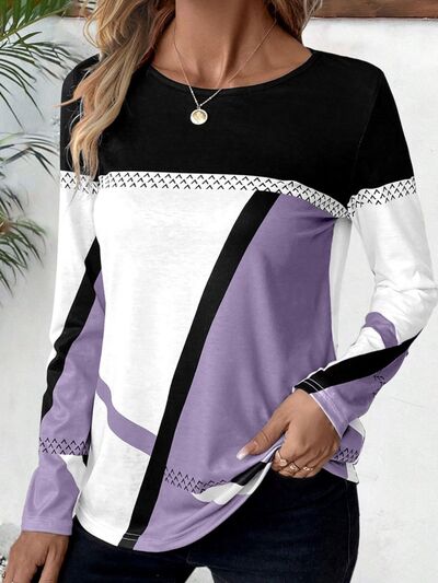 Contrast Round Neck Long Sleeve T-Shirt - Flyclothing LLC