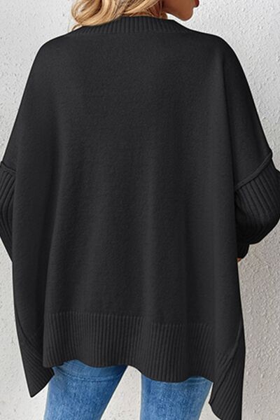 Slit V-Neck Dropped Shoulder Sweater - Flyclothing LLC