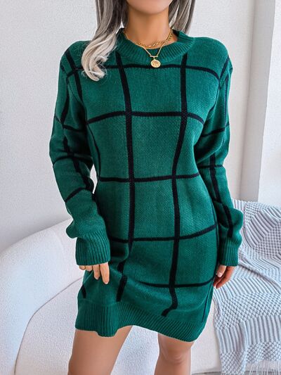 Plaid Round Neck Dropped Shoulder Sweater Dress - Flyclothing LLC