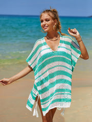 Tassel Openwork Striped V-Neck Cover Up - Flyclothing LLC