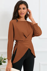 Boat Neck Back Tie Long Sleeve Satin Blouse - Flyclothing LLC