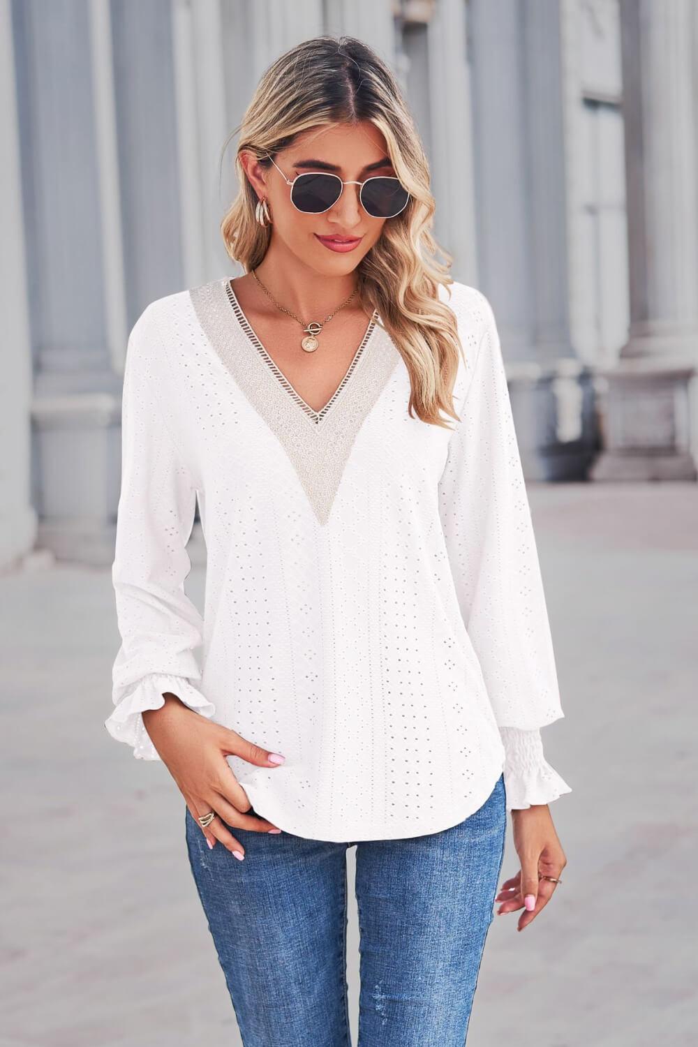 Contrast V-Neck Flounce Sleeve Top - Trendsi