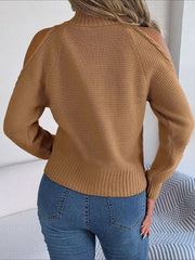 Cable-Knit Turtleneck Cold Shoulder Sweater - Flyclothing LLC