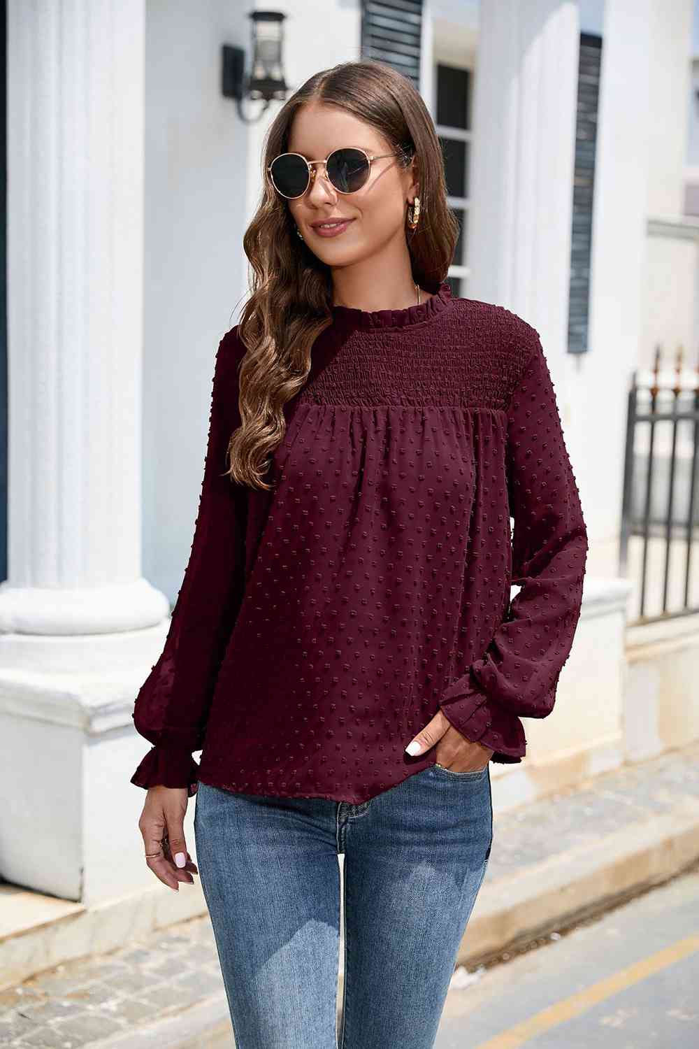 Smocked Mock Neck Swiss Dot Top - Flyclothing LLC