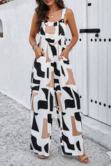 Printed Wide Strap Jumpsuit with Pockets - Flyclothing LLC