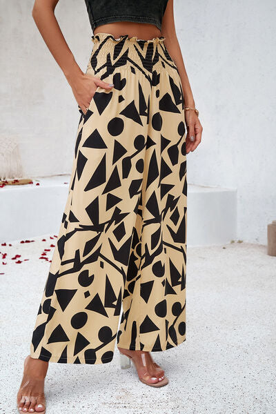 Smocked Printed Wide Leg Pants with Pockets - Flyclothing LLC