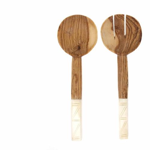 Olive Wood Salad Servers with Bone Handles, White with Square Design - Jedando