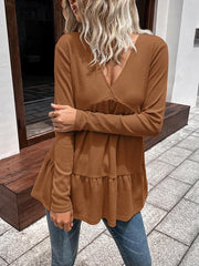 Waffle-knit V-Neck Long Sleeve Blouse - Flyclothing LLC