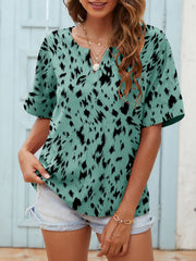 Printed Notched Neck Half Sleeve Blouse - Flyclothing LLC