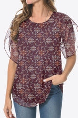 Printed Round Neck Curved Hem Blouse - Flyclothing LLC