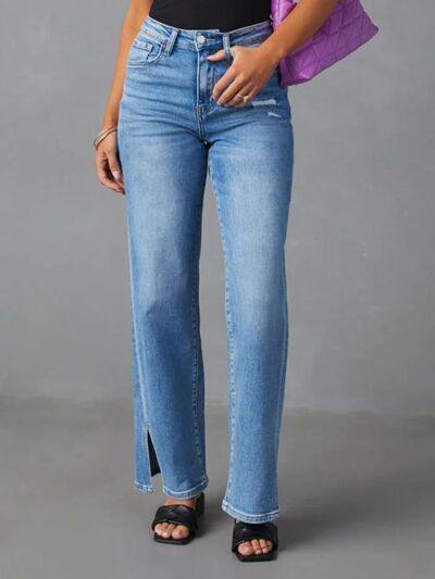 Slit Buttoned Jeans with Pockets - Flyclothing LLC