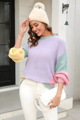 Color Block Round Neck Drop Shoulder Sweater - Flyclothing LLC