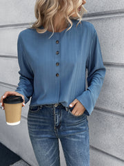 Half Button Long Sleeve Blouse - Flyclothing LLC