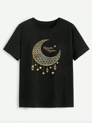 Moon Graphic Round Neck Short Sleeve T-Shirt - Flyclothing LLC